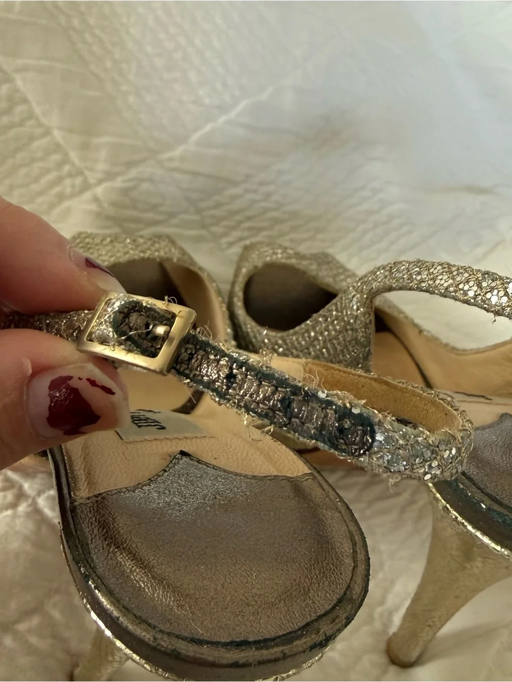 Jimmy Choo Nova Silver Metallic Gold Glitter Slingback Platform Heels EU 35